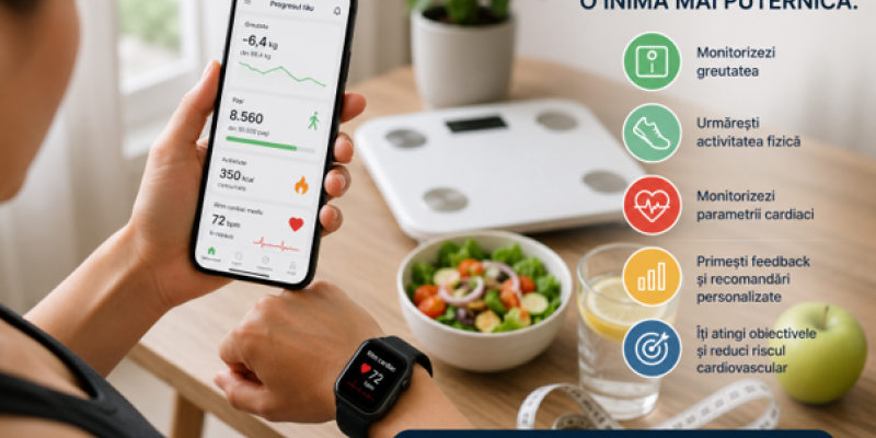  Persoană care urmărește evoluția greutății corporale și a activității fizice prin intermediul unui smartwatch și al unei aplicații de monitorizare.