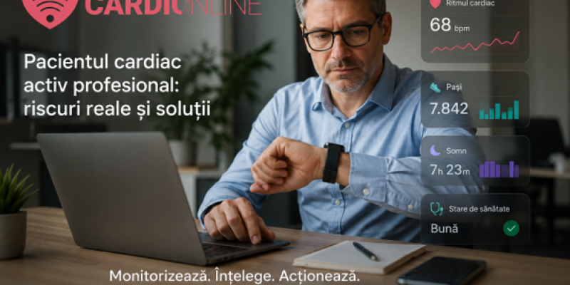 Un profesionist aflat la birou care verifică pe smartwatch ritmul cardiac și nivelul activității fizice în timpul unei pauze de lucru.
