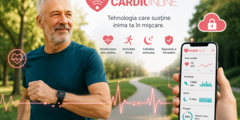 Un pacient cardiac merge într-un parc purtând un smartwatch, în timp ce pe ecranul unui telefon mobil sunt afișate ritmul cardiac, numărul de pași și progresul activității fizice. În fundal, un medic urmărește evoluția pacientului prin intermediul unei platforme digitale de monitorizare.