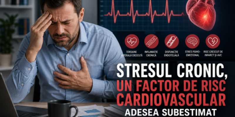 Imagine ilustrând impactul stresului cronic asupra sănătății cardiovasculare, prin sugerarea legăturii dintre presiunea psihoemoțională susținută și modificările fiziologice care afectează inima.