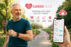 Un pacient cardiac merge într-un parc purtând un smartwatch, în timp ce pe ecranul unui telefon mobil sunt afișate ritmul cardiac, numărul de pași și progresul activității fizice. În fundal, un medic urmărește evoluția pacientului prin intermediul unei platforme digitale de monitorizare.